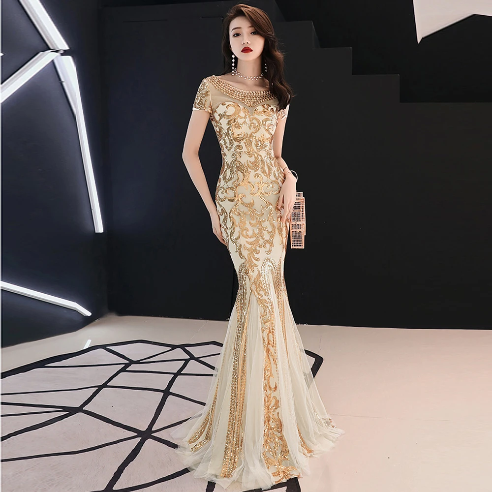 Элегантные вечерние платья русалки с круглым вырезом Длинные Роскошные 2020 для