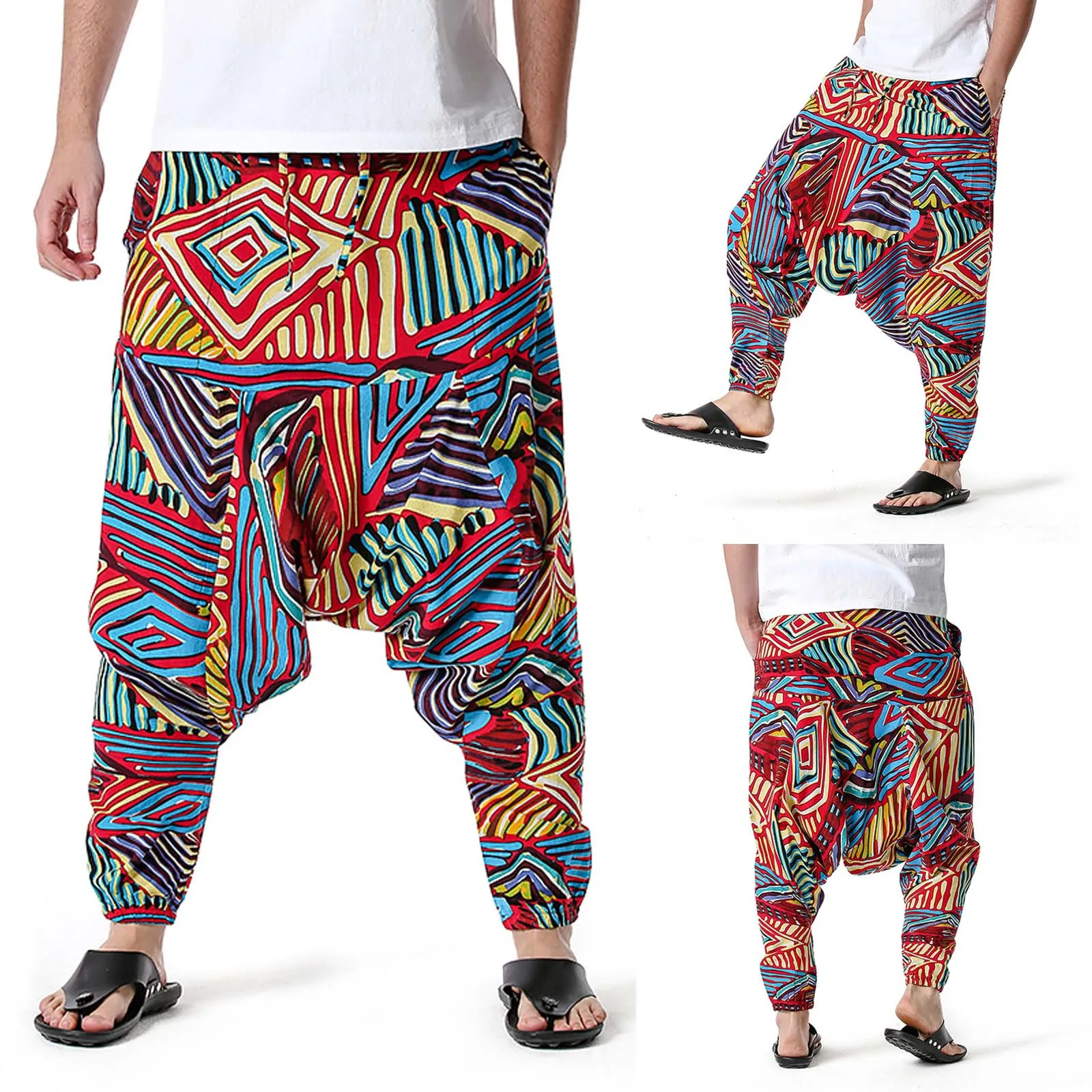 

60# Men Casual Lightweight Elastic Waist Hip-Hop Pants Home Pant Fashion Streetwear Colorful Cotton Linen Pant Pantalon Homme