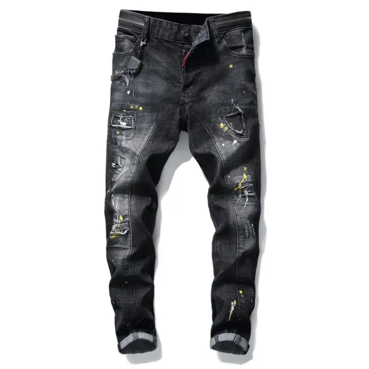 Skinny jeans mens ripped holes elastic paint spray ветровка мужская джинс black stitching beggar pants men autumn winter