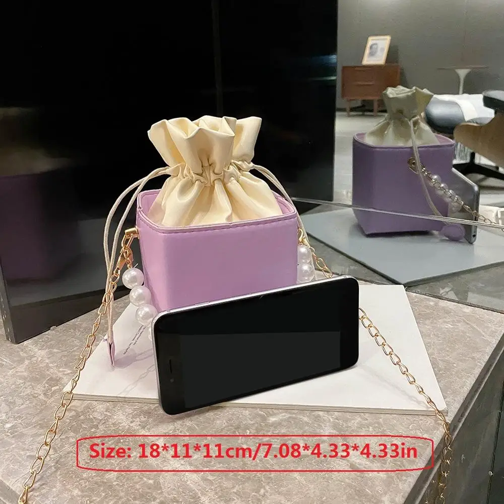 

Fashion Square Box Crossbody Bags Women PU Leather Pearl Chain Mini Shoulder Purse Drawstring Female Sling Messenger Totes Handb