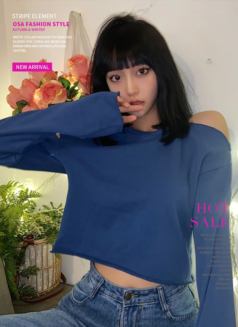 

Gagaopt Homemade New Solid Color Non-Locking Ripped Sweater Women's Autumn Short High Waist Navel round Neck Top