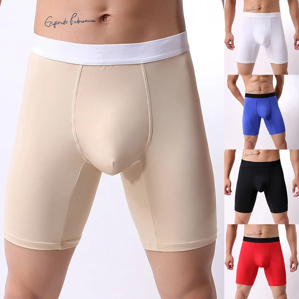 

Men Long Boxer Pants Pure Color High Waist Seamless Ice Silk Comfortable Trousers Oversized Underpants Bulge Pouch Trunks Shorts