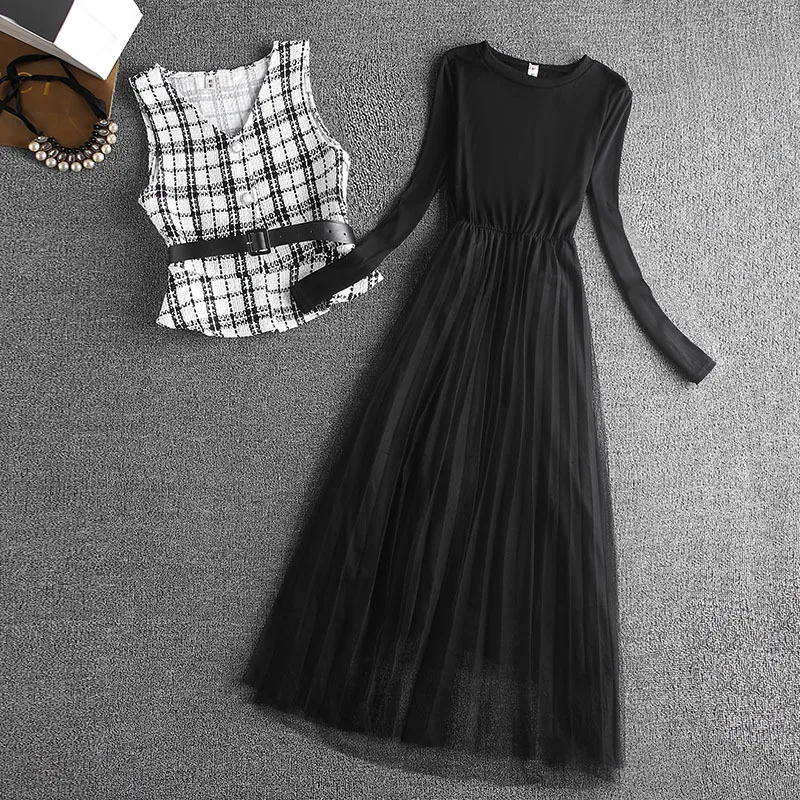 Женский комплект из двух предметов винтажное платье с длинным рукавом и круглым