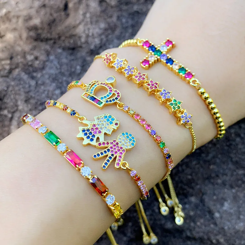 

LOOKER CZ Rainbow Cross Bracelet Woman Rainbow Crystal Boy Girl Heart Charm Bracelet 24k Gold Jewelry Pulseras Mujer Moda