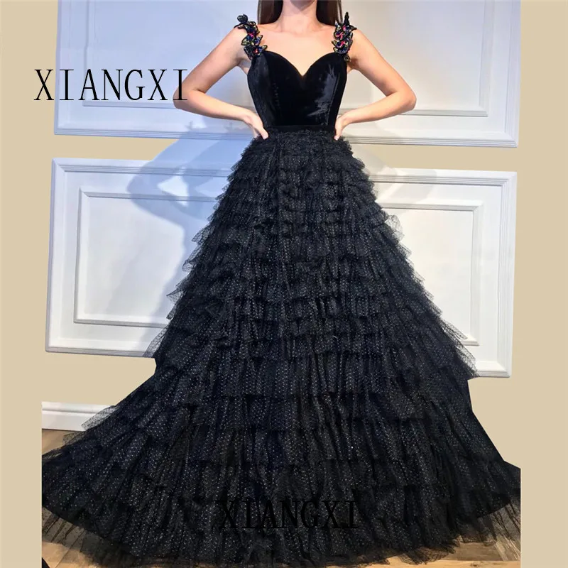 

Robes de soirée musulmanes noires 2020 robe de bal bretelles Spaghetti cristaux de Tulle islamique dubaï saoudien arabe longue r