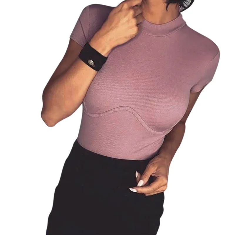

2019 Women Sexy Slim Solid Turtleneck Short Sleeve European Style T-shirt Female All-match Bottoming Casual Top Tees SJ3859M