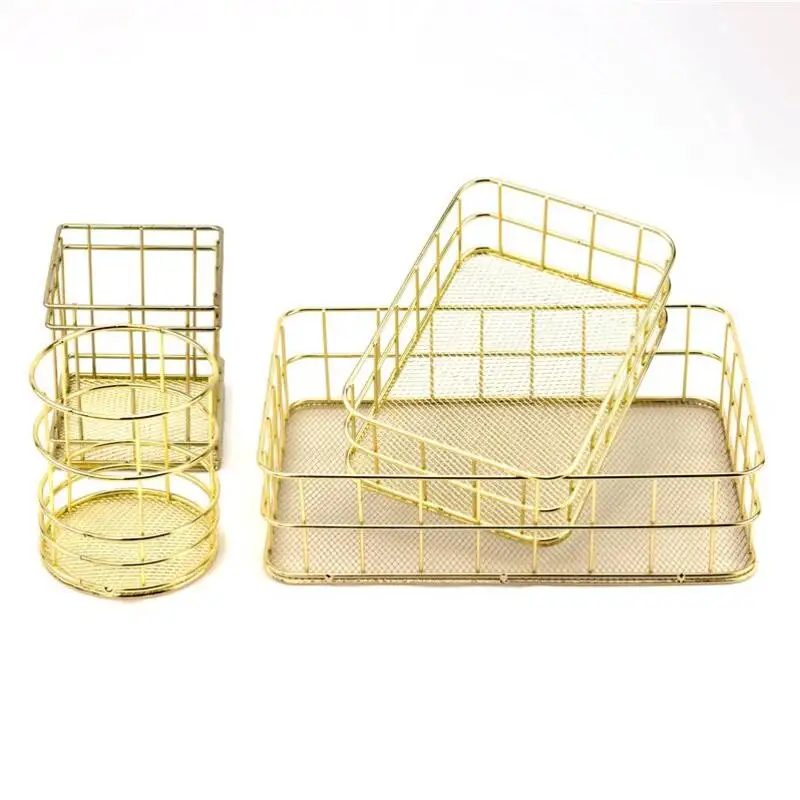 

Rose Gold Iron Art Nordic Makeup Organizer Basket Eyeliner Brush Set Storage Cup Dressing Table Makeup Cosmetic Organizer Box