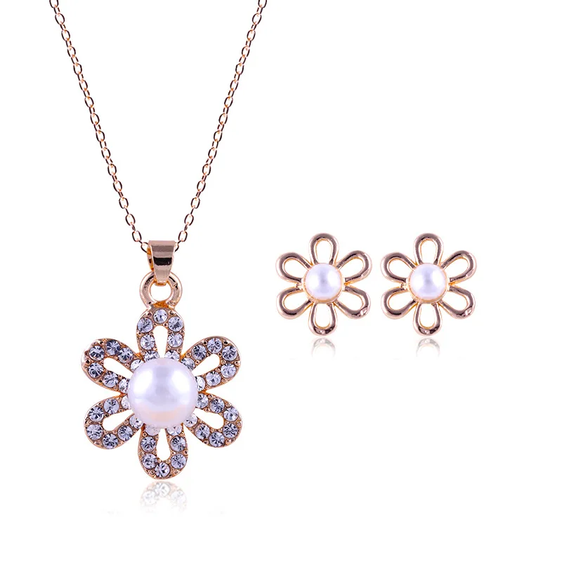 

LDAI01 Simple and fashionable plum blossom pearl electroplating alloy jewelry set earring necklace bridal jewelry Gift Link