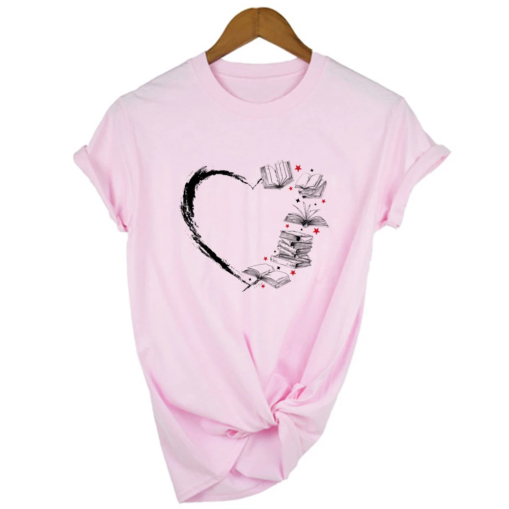 

Heart with Books Print Women Aesthetic Harajuku T-shirt School Reading Casual Short Sleeve Streetwear T Shirts Female Tops Tees