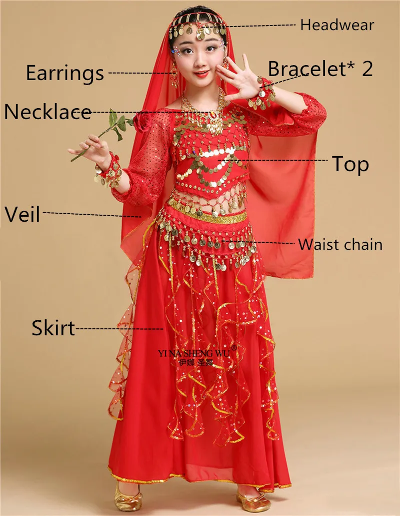 Red 8pcs Детские костюмы для танца живота, индийские Детские костюмы для танца живота, одежда для восточных танцев для девочек, индийский комплект для выступлений в Болливуде, танец живота - Цвет: Red 8pcs