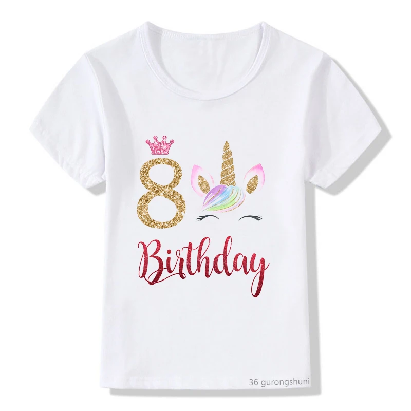 Camiseta con estampado de corona de unicornio para ni&ntilde;os, 5, 6, 7, 8, regalo de cumplea&ntilde;os para ni&ntilde;as, camisetas de verano, camisetas gr&aacute;ficas-1