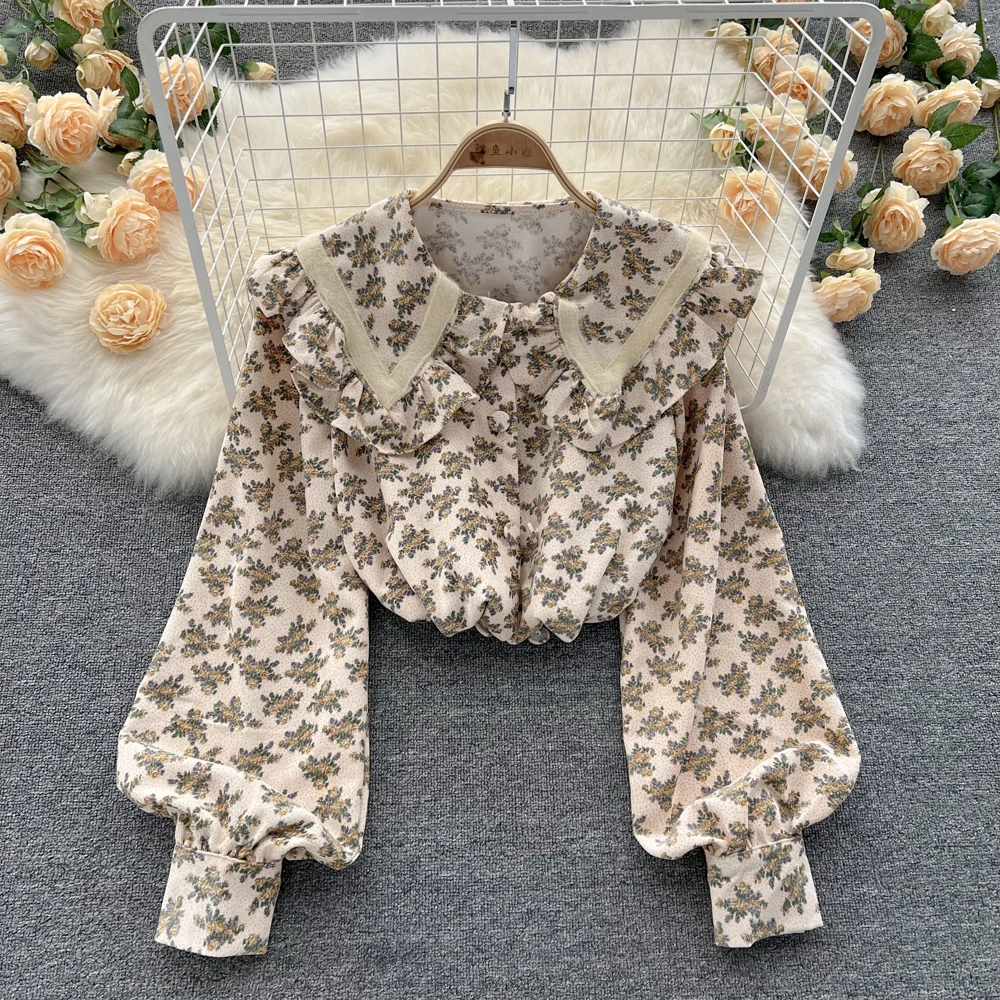 

Женская Вельветовая рубашка B808 в стиле ретро, новая модная Милая Свободная блузка с длинным рукавом и отложным воротником с деревянными ушк...