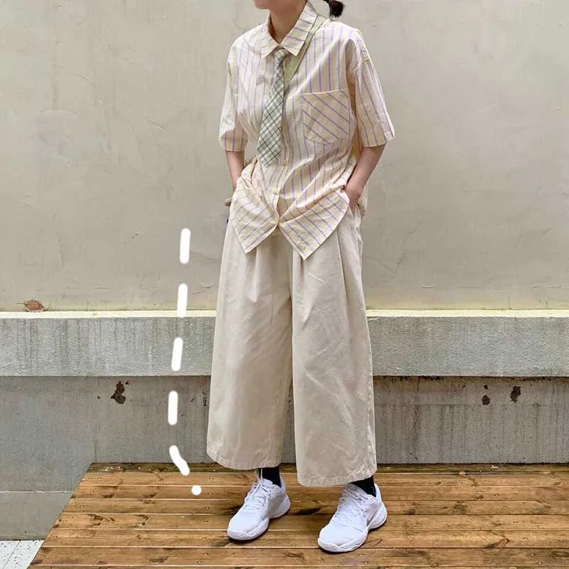 

Design Flower Patch Elastic Waist Ankle-length Pant Women Preppy Style Ladies Autumn New Cotton Wide Leg Pants Ladies Tr