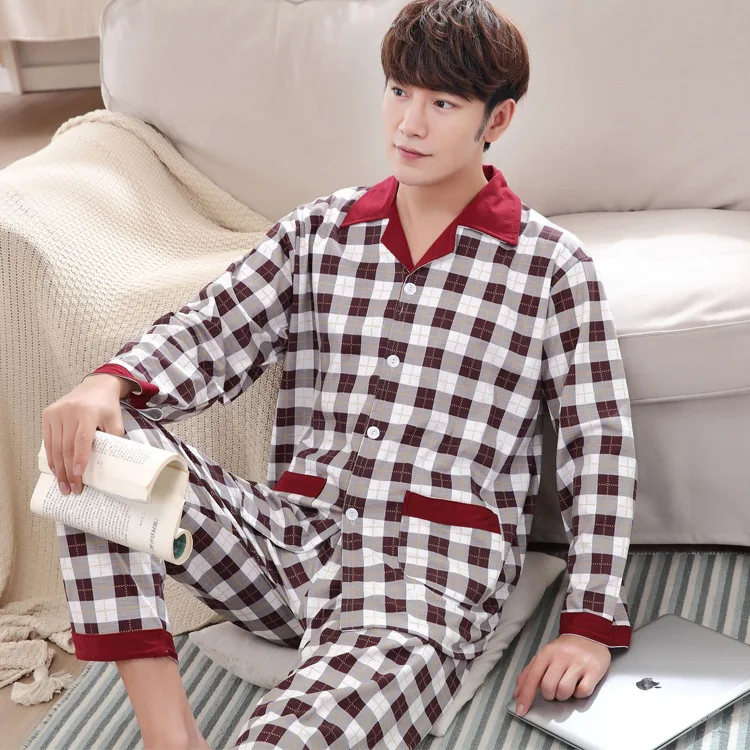 Double-Sided for Autumn and Winter Men Pajamas Korean Cardigan Turndown Collar Print Long Sleeve Long Pants Homewear Set