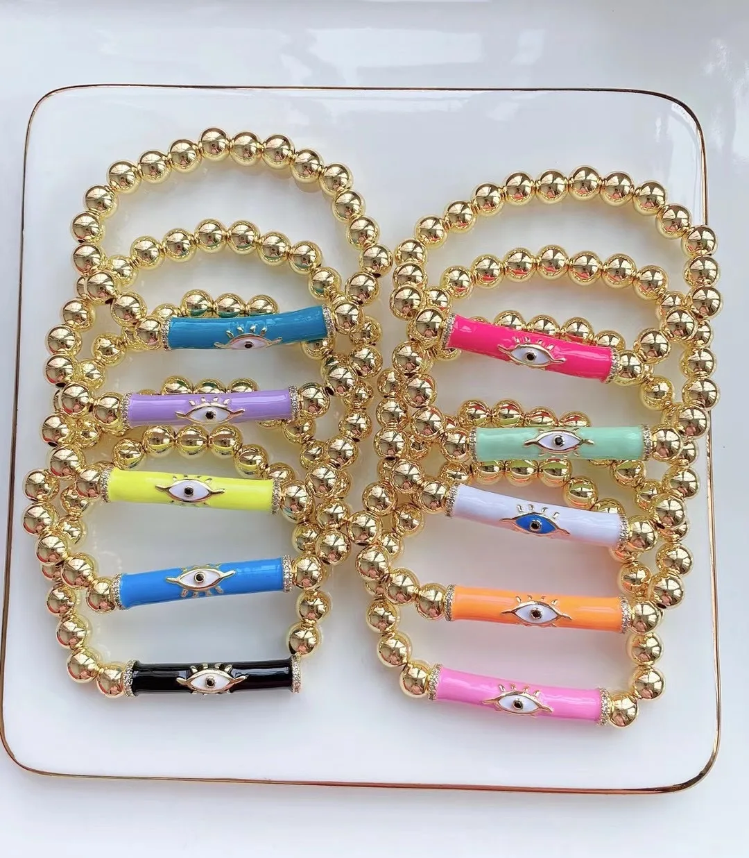 5PCS Gold Ball Beads Bracelet White Zircon Pave CZ Charm Colorful Long Enamel Tube Bar Eye Bead Elastic for Women - купить по