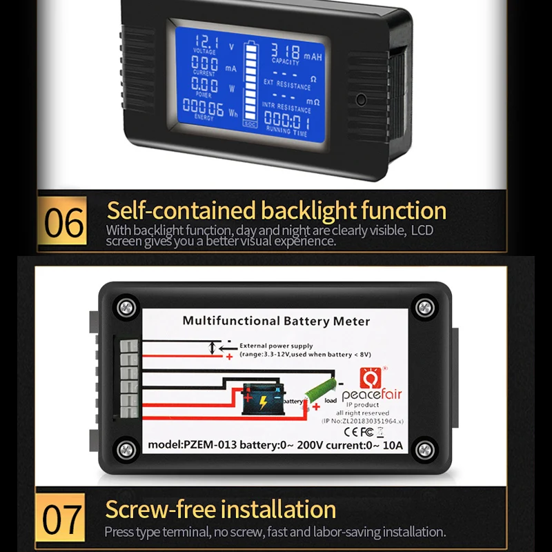 Высокоцифровой измерительный инструмент для аккумулятора амперметр вольтметр