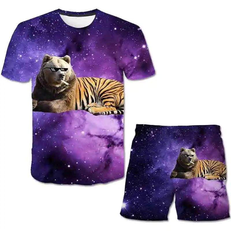 

Tiger animals new summer hot sale Boys Girls Cartoon 2020 New Design Children Set polyester print short Tops Pants Outfits Set
