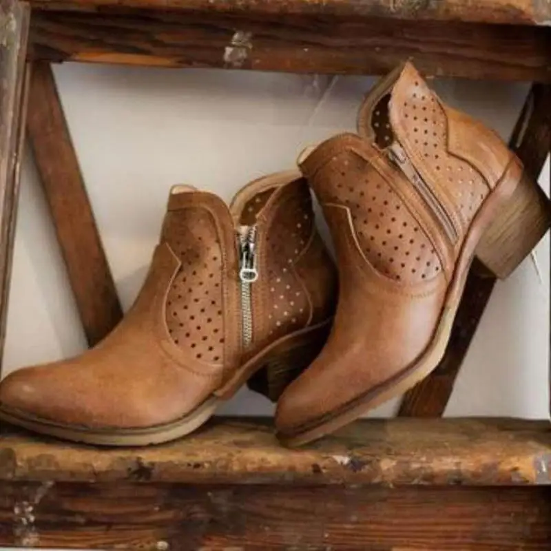 Womens Low Block Heel Western Zipper Ankleautumn Winter Boots   Boots-ladies Booties Shoes Outdoor Shoes Woman