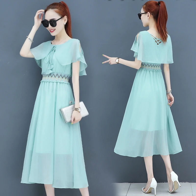 Размера плюс шифоновое платье-трапеция с коротким рукавом-лепестком круглым