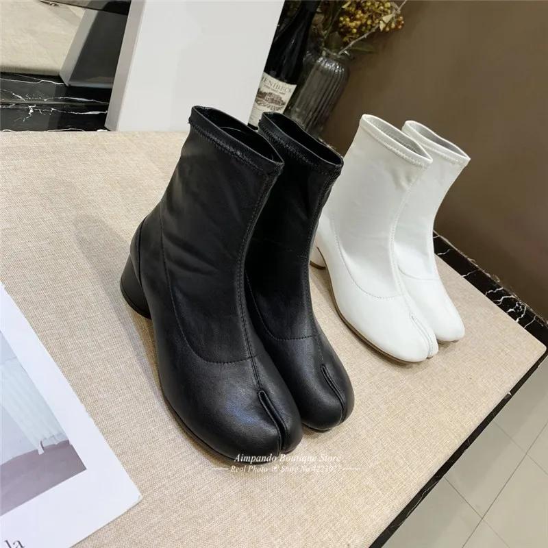 New Autumn Stretch Ankle Boots Novelty Split Toe Boots Women Cozy Round Heel Genuine Leather Riding Booties Fashion Short Botas
