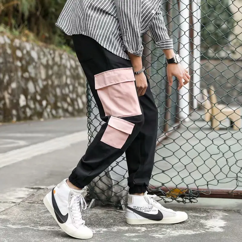 

Mens Splicing Pants Streetwear Solid Joogers Pants Black Sweatpant Male Hiphop Pockets Trousers Overalls