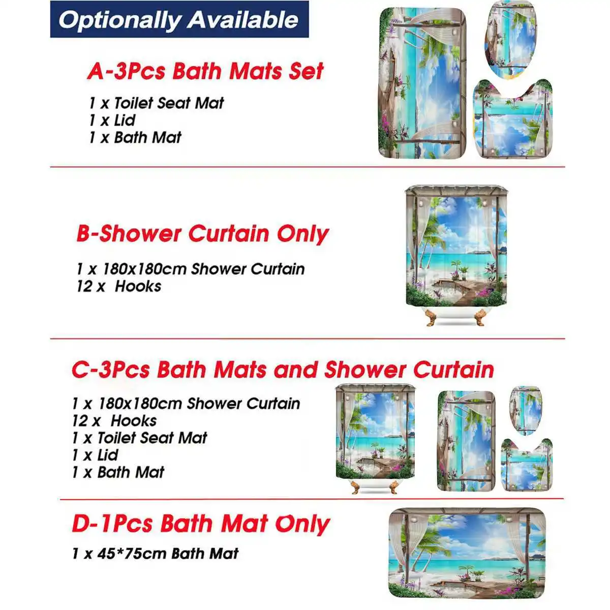 Занавеска для душа с 3D-принтом солнечного пляжа водонепроницаемый коврик ванной