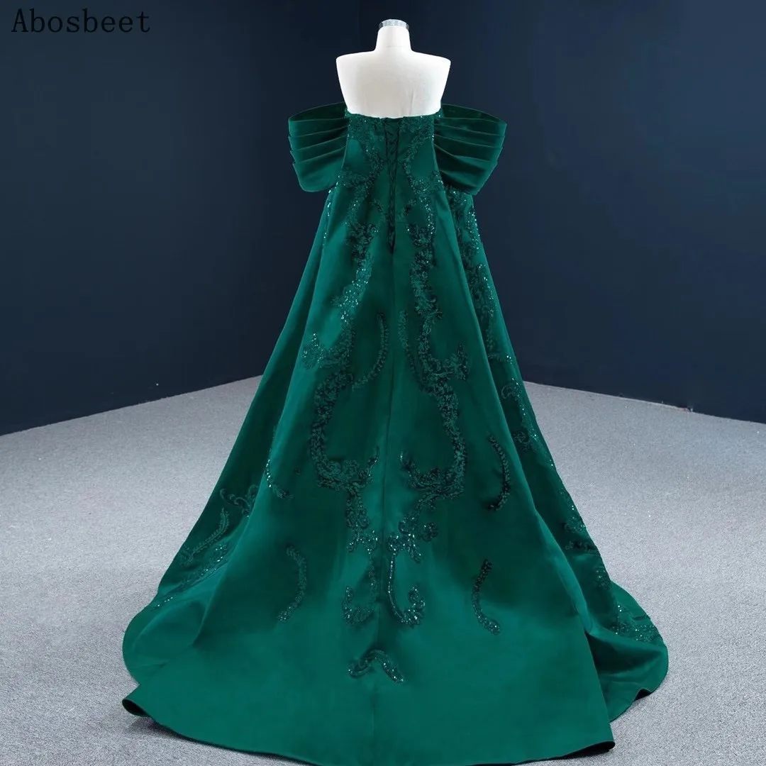 Green Satin A Line Evening Dress Off Shoulder Embroidery Lace with Beading Elegant Prom Party Gown Small Train Shining Sequins