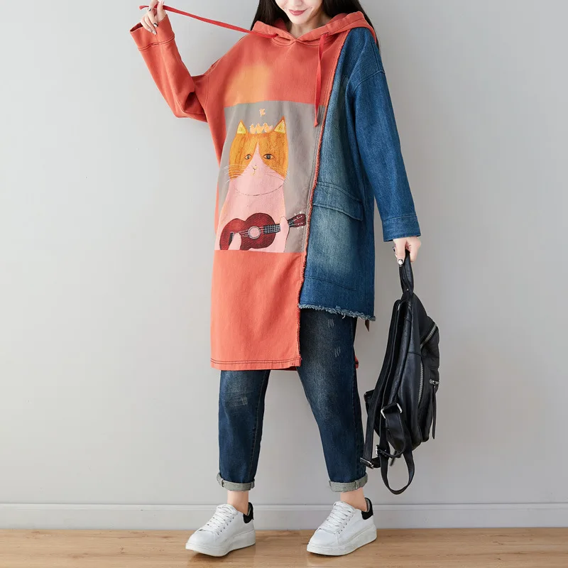 

Plus Size Women casual Long Sleeves pacthwork Denim dress Ladies Midi vintage Boho Dress Robe Q252