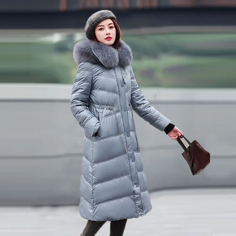 Пуховик женский зимний модный двойной Лисий меховой воротник с капюшоном теплое