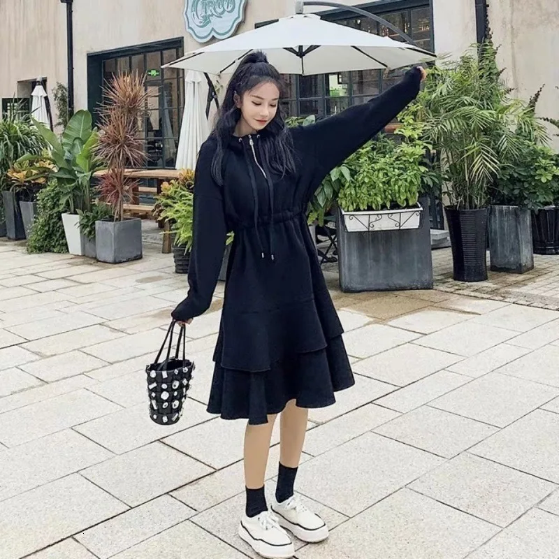 Vintage Long Sleeve Solid Zipper A-Line 2020 New Fashion Thickening Midi Skater Hem Loose Autumn Dress School Warm Hat Women | Женская
