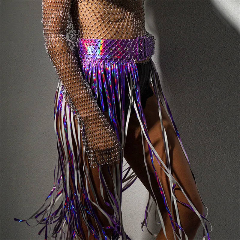 Искусственная кожа металлические люверсы пряжки длинные юбки Bling голографическая Длинная кисточка Регулируемая Талия Сексуальная Женская рейв юбка для фестиваля