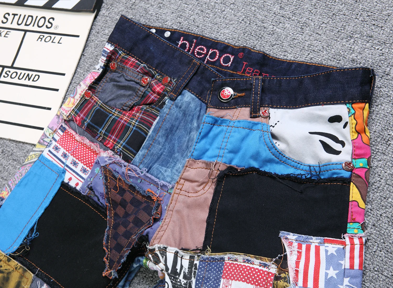 

slim jeans with holes, European and American New fashion brand straight multi color cloth stitching washed jeans pants