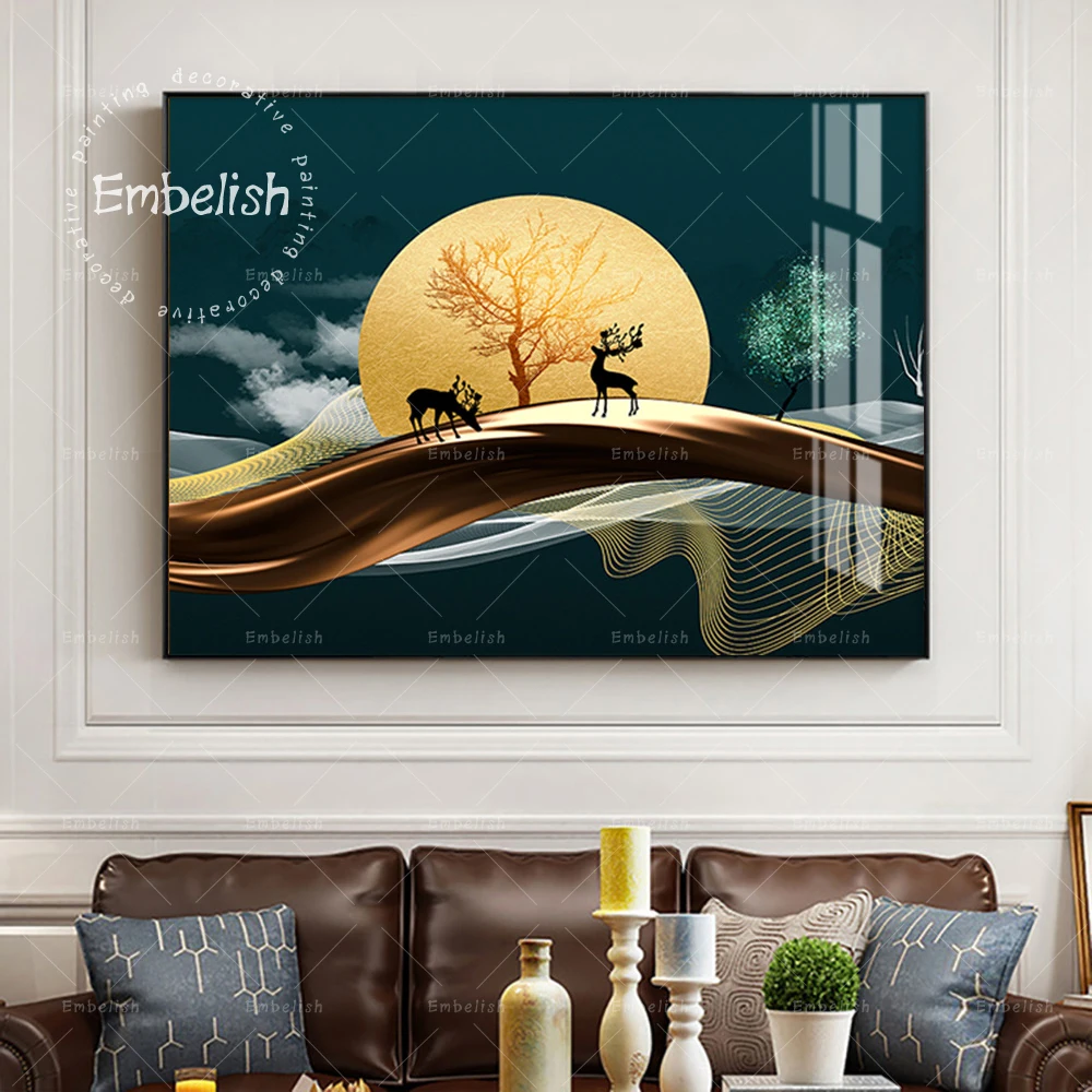 

Embelish Modern Office Home Decor Artworks Landscape Pictures For Living Room Moon And Deer Golden HD Canvas Painting Posters