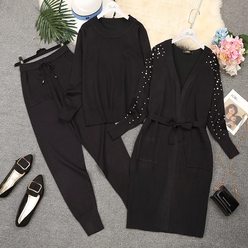

Amolapha Woman Knit Sweaters+Pearls Long Overcoats+Pants 3PCS Sets Long Sleeve Elegant Woman Jumpers Cardigans Trousers Suits