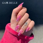 GAM-BELLE розовый Красный Блеск пламя поддельные ногти Овальный средней длины пресс на ногтях Французский полное покрытие искусственные Типсы для маникюра инструмент