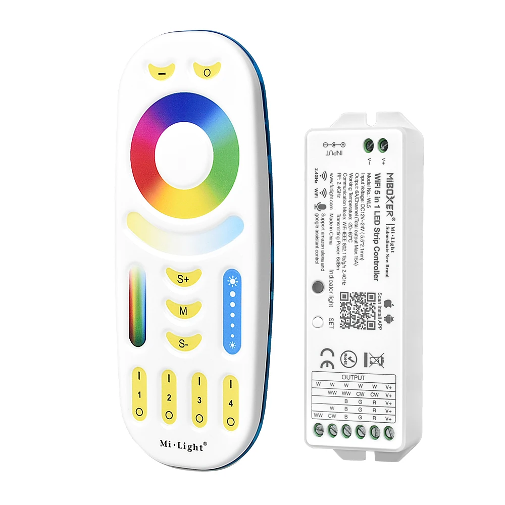 

RGB+CCT LED Strip WiFi Controller Compatible with Alexa Google Home Smartphone APP Control with 2.4G RGBWW remote