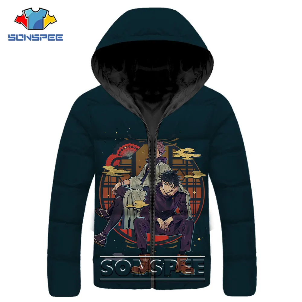SONSPEE Jujutsu Kaisen Parkas Anime Itadori Yuji Printed Casual Hip Hop Streetwear Winter Thicken Keep Warm Hooded Jacket Coat