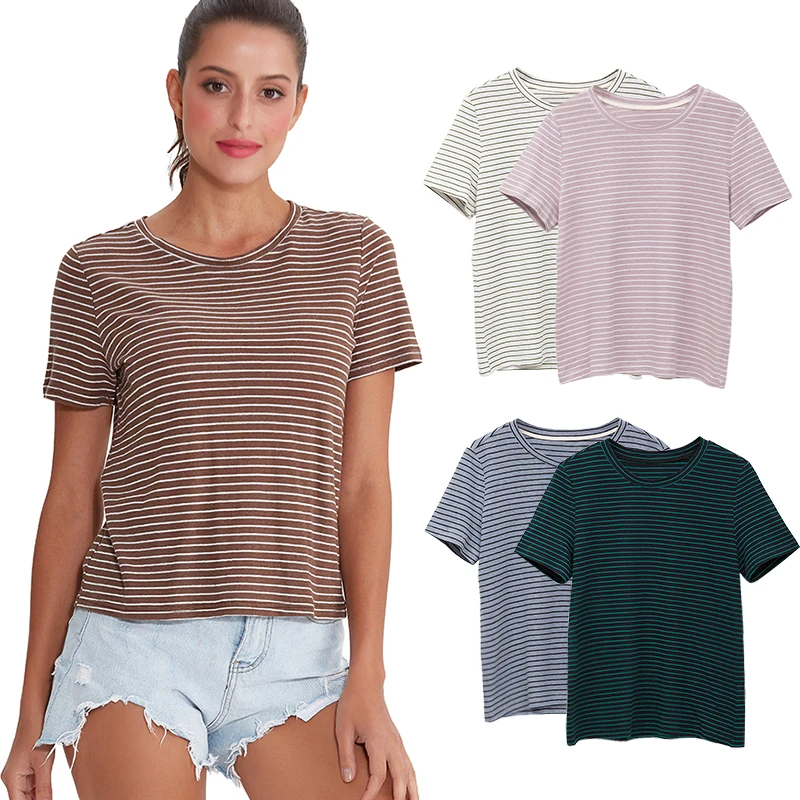 

Linen Cotton Striped T-Shirt Short Sleeve Women Round-Neck Summer Tops S~5XL Harajuku Tops Women 2021