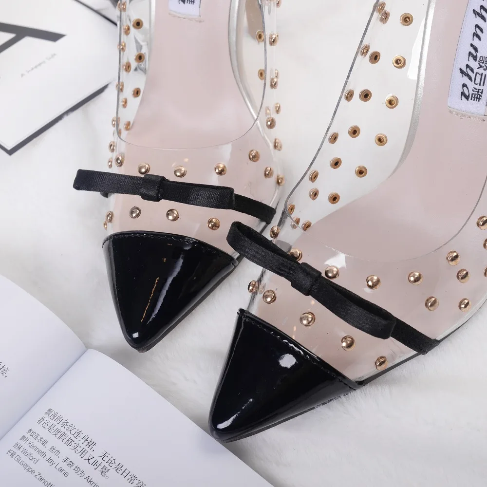 

Akexiya 2021 New Sexy Women Shoes Pointed Toe Pumps Transparent Rivet High Heel Lady Shoes Female Butterfly Bow Pumps for Work