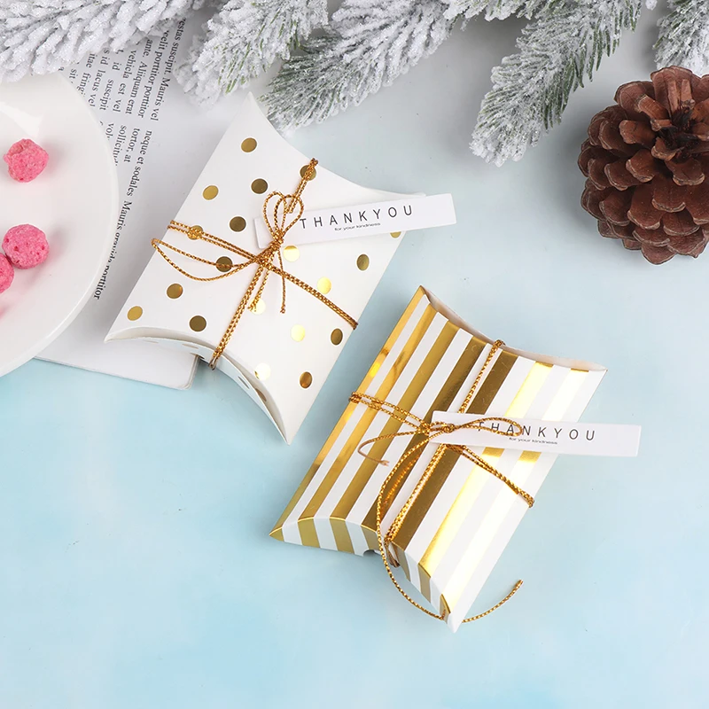 

Golden dot & striped pillow boxes, wedding favor boxes, bridal shower favor boxes, Pillow Box gift packaging boxes 10pcs/lot
