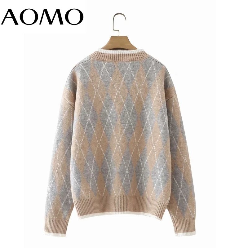 

AOMO Women Diamond Pattern Knitted Sweater Jumper V Neck Female Elegant Oversize Pullovers Chic Tops 3F24A