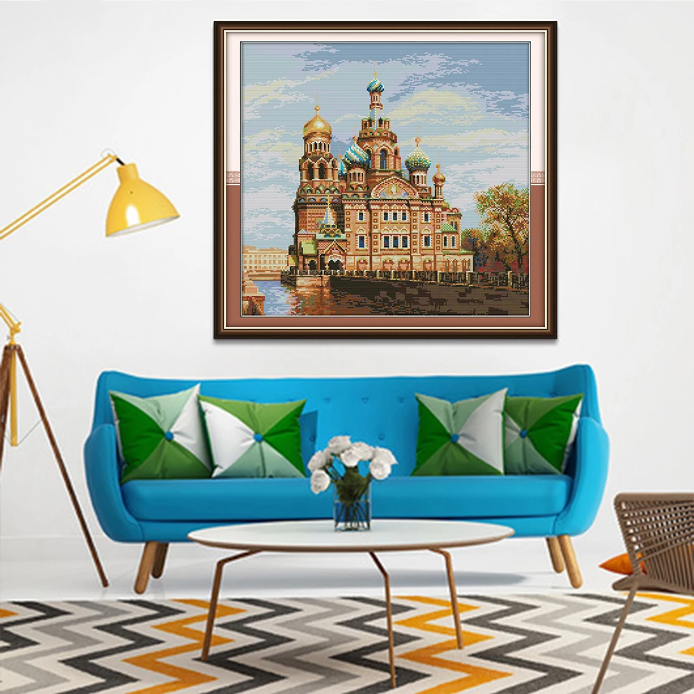 

HUACAN Cross Stitch Embroidery Castle Scenery Needlework Sets For Full Kits White Canvas DIY Home Decor City 14CT