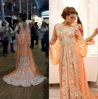 orange muslim evening dresses a line long sleeves chiffon appliques kaftan dubai saudi arabic long evening gown prom dresses