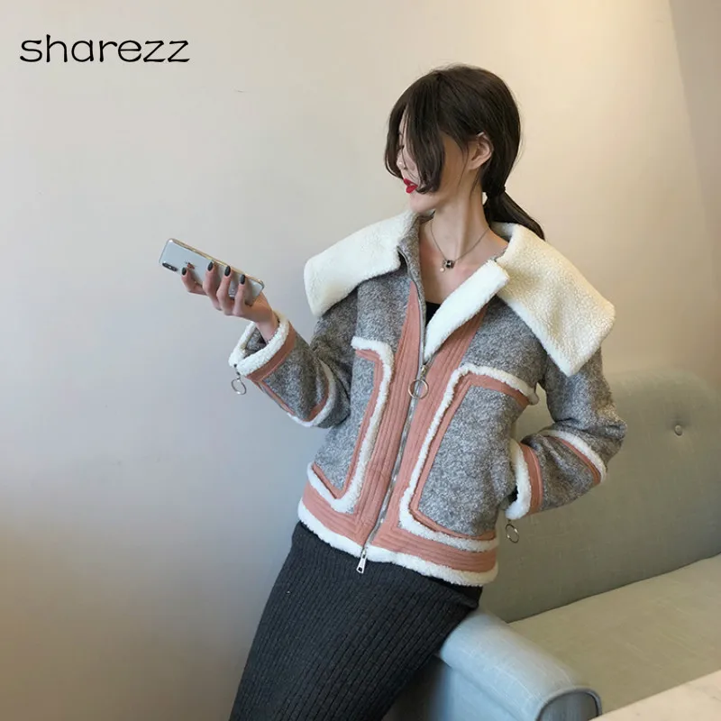 Осенне-зимнее пальто женское из смешанной шерсти большой отворот молния