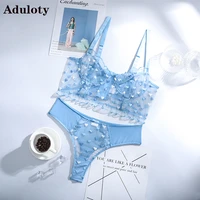 aduloty transparent perspective of new fashion blue and white love embroidery pattern erotic lingerie bra womens underwear suit