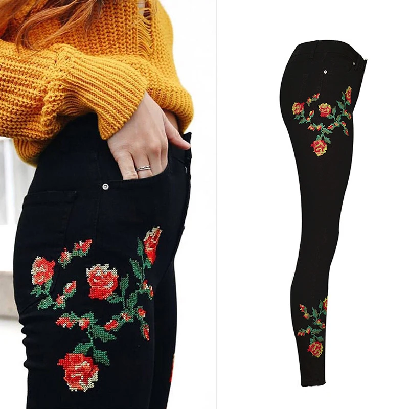 Женские Эластичные Обтягивающие джинсы с высокой талией и вышитыми розами