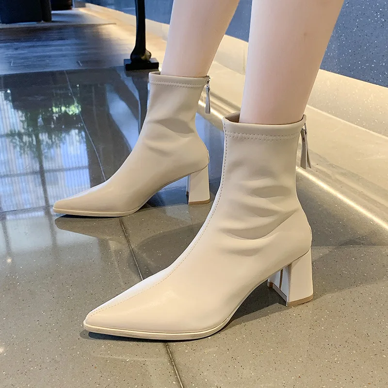 

Женские ботинки на молнии, Дизайнерские ботильоны из искусственной кожи, на высоком каблуке, с острым носком, Осень-зима 2021