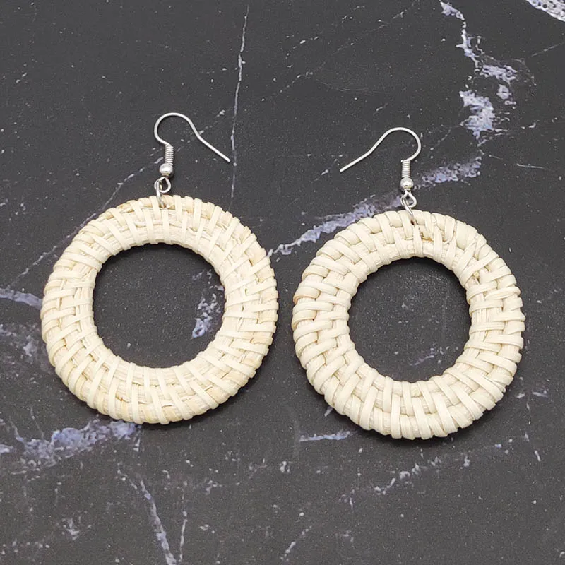 Богемные плетеные серьги-подвески из ротанга, ручная работа, деревянная лоза, Геометрическая круглая, массивные длинные серьги для женщин, ювелирные изделия - Окраска металла: White hollow circle