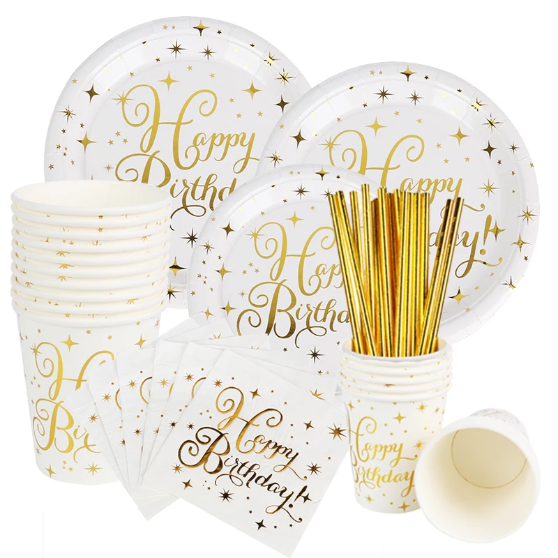 

Gold Dot Adult Happy Birthday Disposable Party Tableware Decoration Paper Plates Cups Straw And Napkins Table Decor Supplies