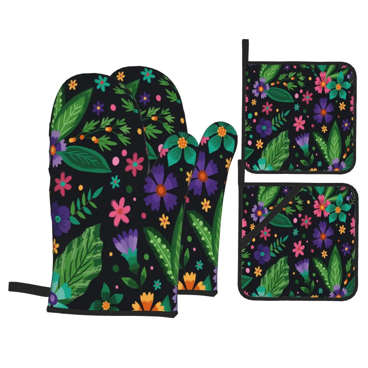 

4pcs Oven Mitts Polyester Baking Insulation Gloves Tropical Floral Microwave Heat Resistant Kitchen Gloves Oven Potholder Pad